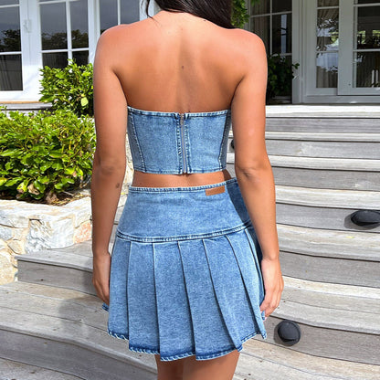 Traje de mezclilla con top de tubo de verano sin mangas sexy con falda dividida de cintura alta recortada