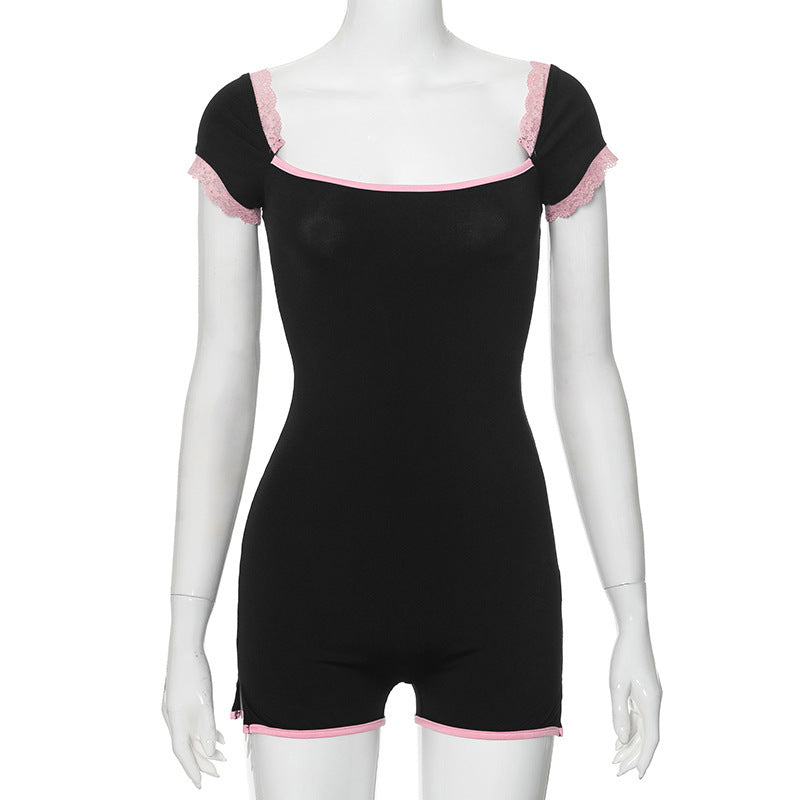 Mono ajustado sexy con cuello cuadrado y costuras de encaje de color contrastante de verano para chica