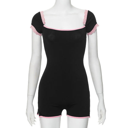 Mono ajustado sexy con cuello cuadrado y costuras de encaje de color contrastante de verano para chica