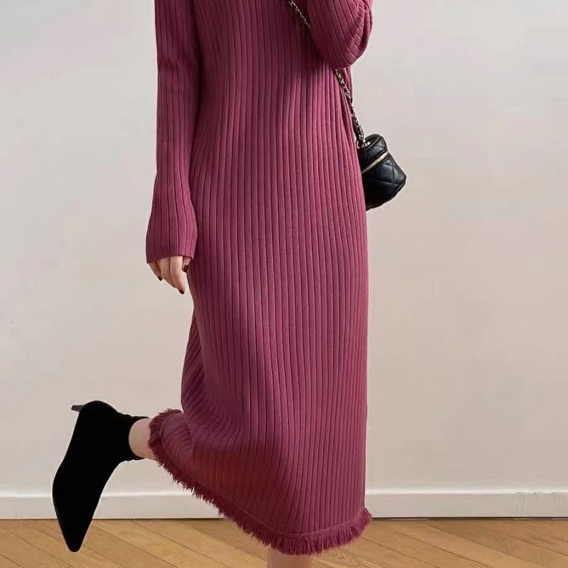 Suéter de cuello alto para otoño e invierno para mujer, largo medio por debajo de la rodilla, abrigo básico con borlas, vestido de punto con vuelo