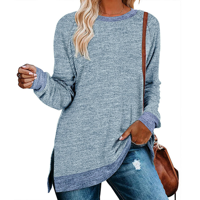 Camiseta informal holgada de manga larga con cuello redondo y abertura multicolor para mujer