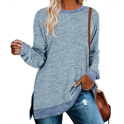 Camiseta informal holgada de manga larga con cuello redondo y abertura multicolor para mujer
