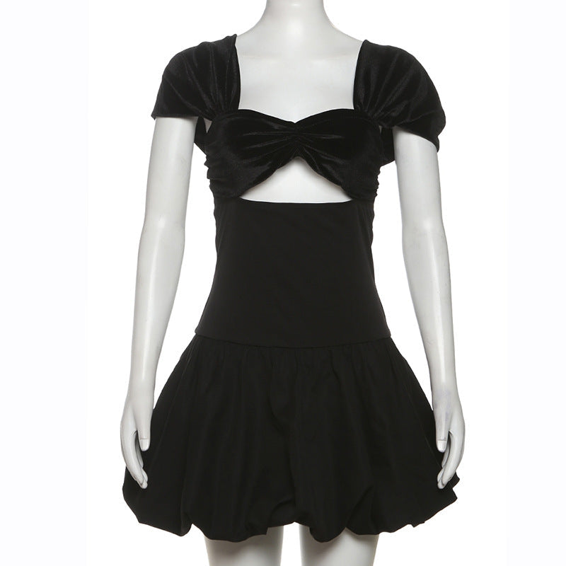 Ropa de primavera para mujer, elegante top de tubo de manga corta de gamuza de alta calidad con aberturas y empalme de burbujas