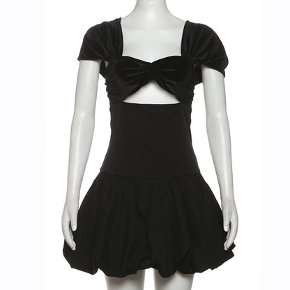 Ropa de primavera para mujer, elegante top de tubo de manga corta de gamuza de alta calidad con aberturas y empalme de burbujas