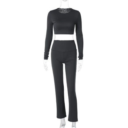 Conjunto de dos piezas formado por pantalón y pantalón ajustado, manga larga y cuello redondo, para mujer, otoño e invierno, informal