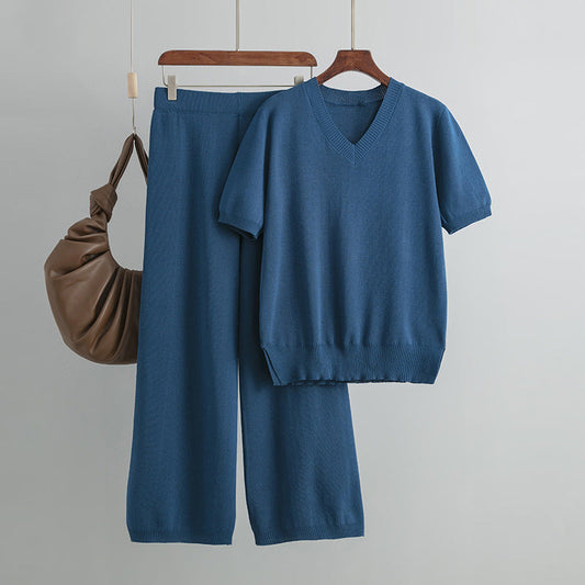 Traje de mujer, cuello en V, suéter de punto holgado con abertura, conjunto de dos piezas, cintura alta, pantalones casuales rectos caídos