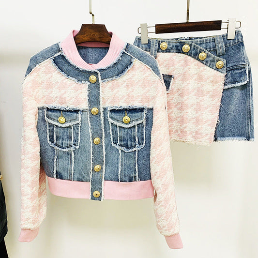 Conjunto de dos piezas de chaqueta universitaria, abrigo y falda con flecos sueltos y costuras de mezclilla de pata de gallo