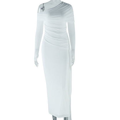 Vestido sexy de color liso con hombros descubiertos y manga larga con costuras de malla para mujer