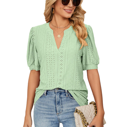 Camiseta holgada informal de verano con escote en V y mangas abullonadas con recortes de color liso para mujer