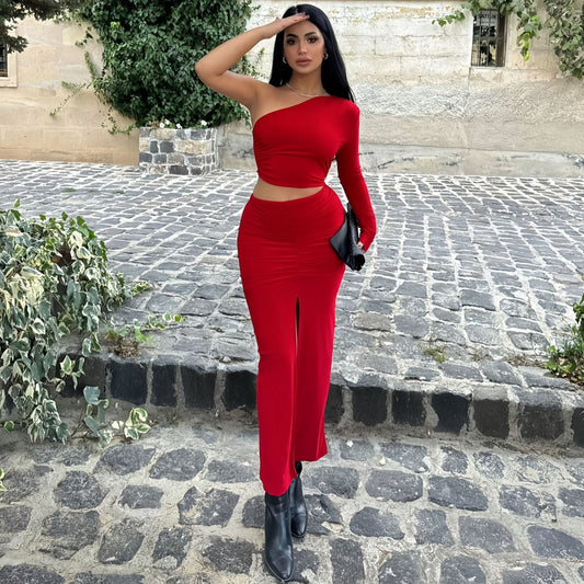 Women Clothing Autumn Winter Sexy Solid Color Split Slim Fit Diagonal Collar Floor Dress Women