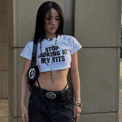 Camiseta corta sexy de otoño, informal, ajustada, combinable con todo, con letras estampadas, miniabrigo para mujer