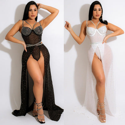 Traje de baño de dos piezas con arnés de perforación y pecho envuelto. Uniformes de discoteca.