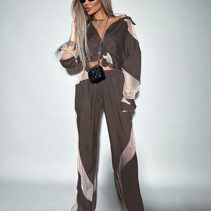 Conjuntos de costura de principios de otoño transparentes, camisa de manga larga, pantalones de cintura alta, ropa elegante de satén para mujer