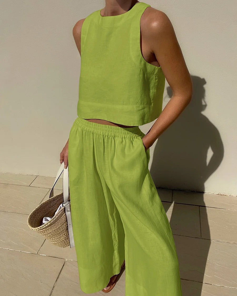 Conjunto de dos piezas de camisa y pantalones holgados de color liso sin mangas y estilo casual de talla grande