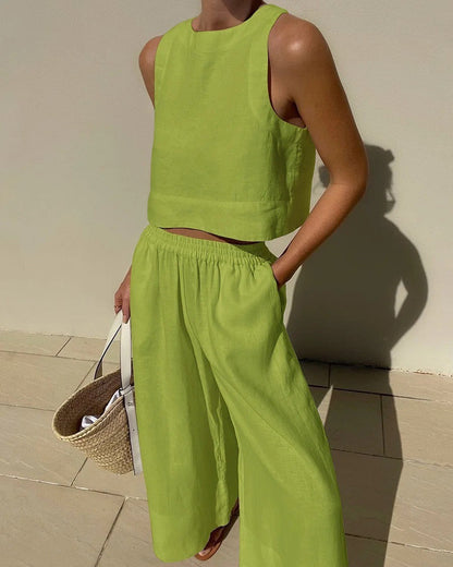 Conjunto de dos piezas de camisa y pantalones holgados de color liso sin mangas y estilo casual de talla grande