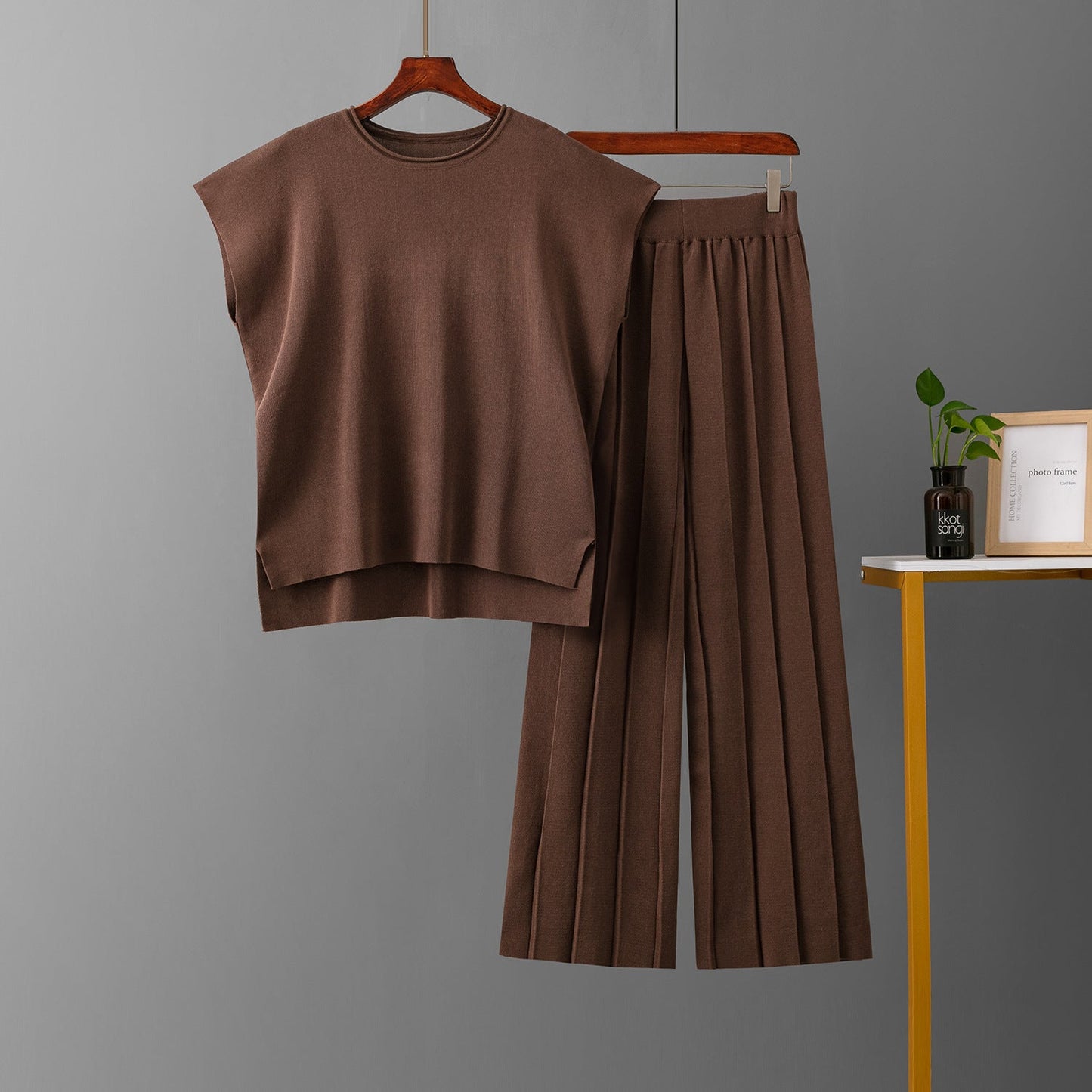Conjuntos casuales de verano para mujer, chaleco sin mangas de color sólido, suéter, pantalones de pierna ancha de seda helada