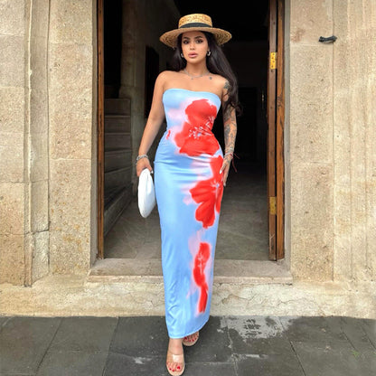 Vestido largo de verano con escote tubo y estampado floral, ajustado y abertura en la cintura para mujer