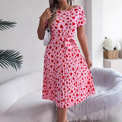 Vestido plisado de manga corta con cintura ajustada para mujer, informal, con contraste de colores y corazón, ideal como regalo de San Valentín, primavera y verano