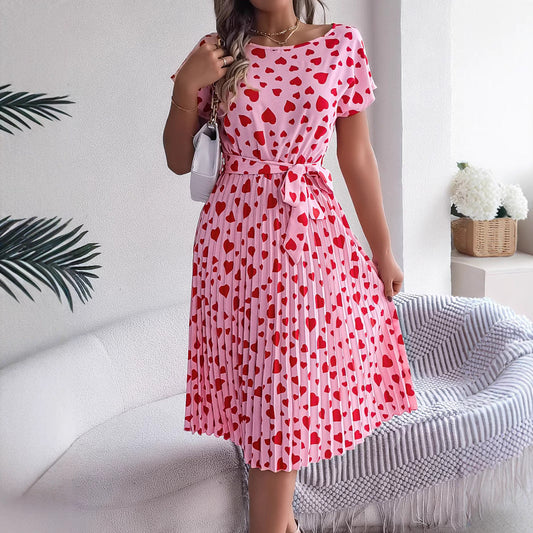 Vestido plisado de manga corta con cintura ajustada para mujer, informal, con contraste de colores y corazón, ideal como regalo de San Valentín, primavera y verano