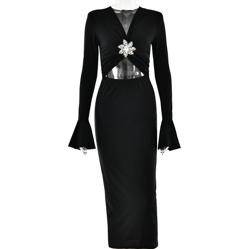 Spring Summer V Neck Bell Sleeve Dress Fashionable Elegant Sexy Sexy Tight Fishtail Dress