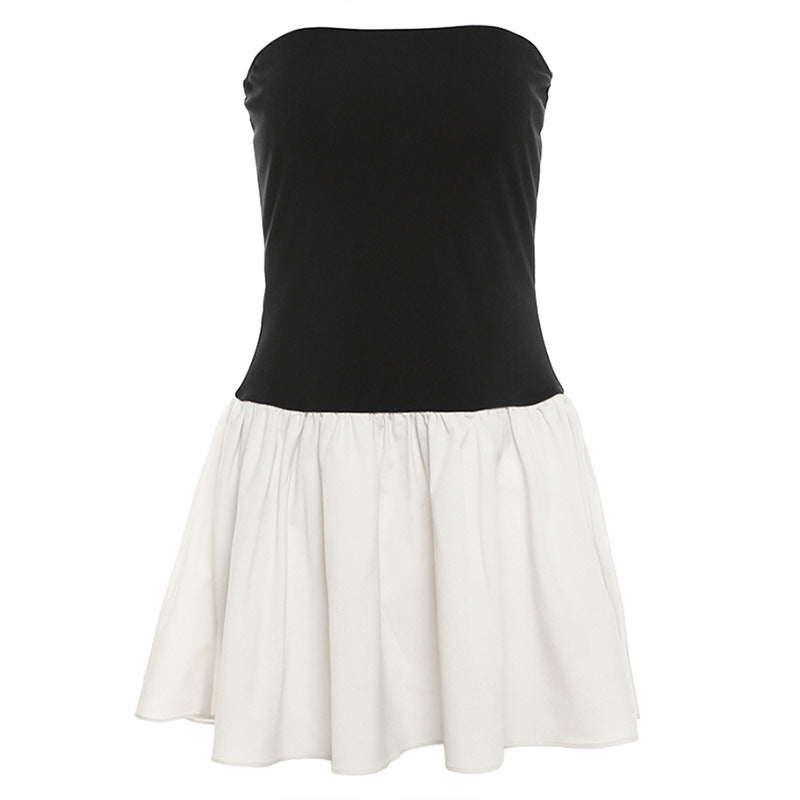 Vestido ajustado plisado con cuello halter y contraste de colores para mujer