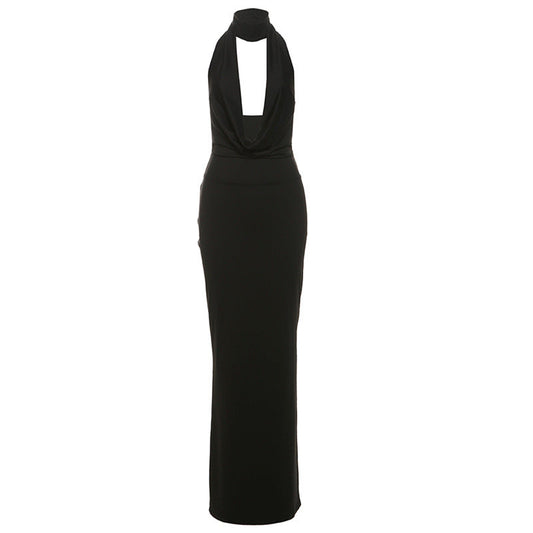 Women Clothing Autumn Winter Elegant Sexy Halter V neck Backless Side Slit Dress