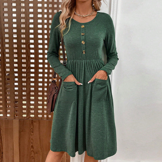 Women Clothing Winter Waist Round Neck A line Dress Button Pocket Knitted Long Sleeved Dress
