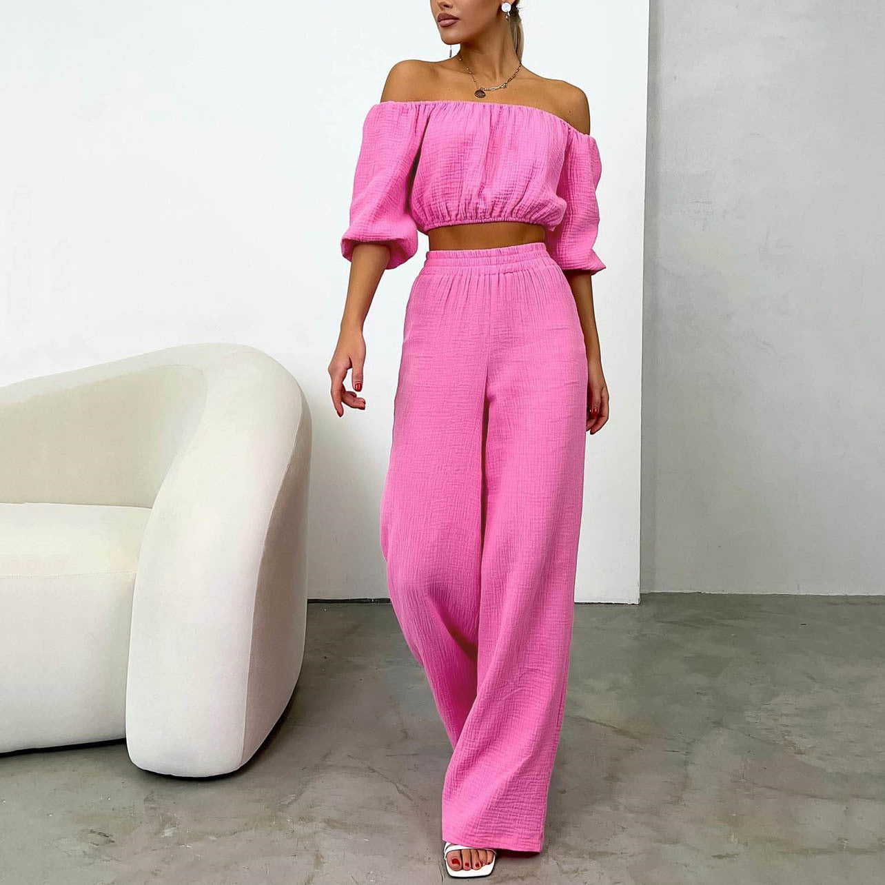 Traje informal de dos piezas para mujer, de verano, de algodón puro, color sólido, con cuello halter, manga corta, cintura alta, pantalones anchos y pierna.