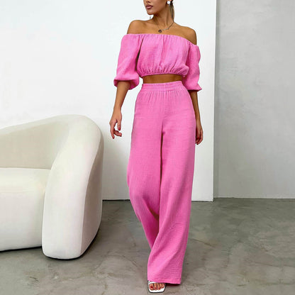 Traje informal de dos piezas para mujer, de verano, de algodón puro, color sólido, con cuello halter, manga corta, cintura alta, pantalones anchos y pierna.