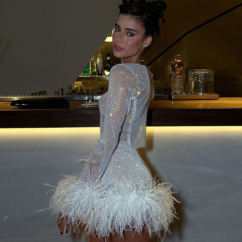 Conjunto de falda peluda de moda para mujer, vestido corto sexy de manga larga con cuello redondo para discoteca