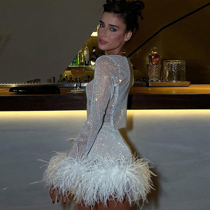 Conjunto de falda peluda de moda para mujer, vestido corto sexy de manga larga con cuello redondo para discoteca