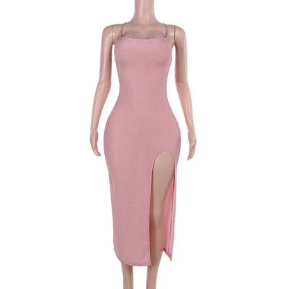 Vestido camisola ajustado y sexy de otoño para mujer, vestido con abertura brillante