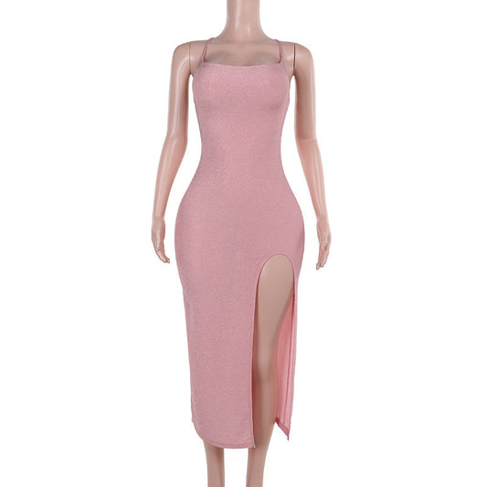 Vestido camisola ajustado y sexy de otoño para mujer, vestido con abertura brillante
