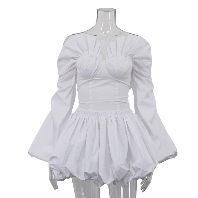 Sexy Draped Women Lantern Sleeve Tube Top Cinched Waist Lace up Top Pettiskirt Two Piece Sets