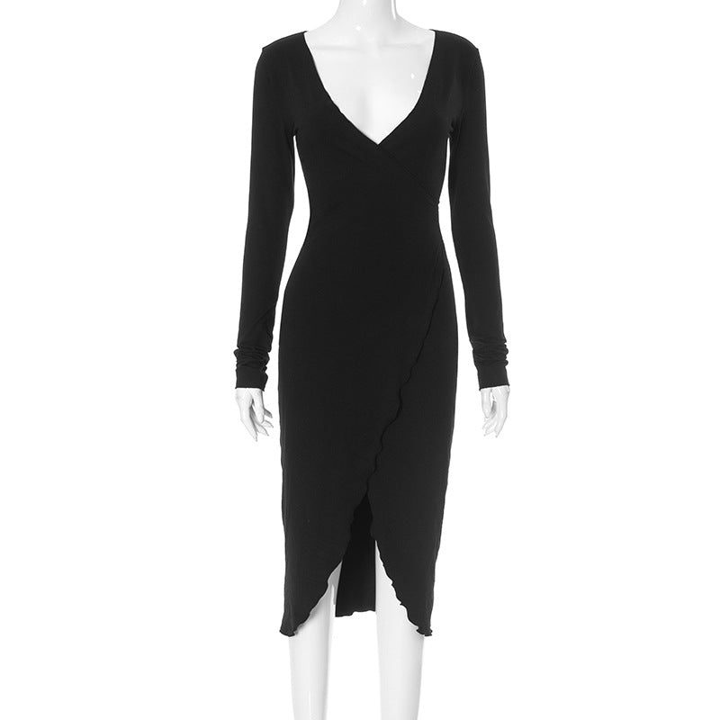 Vestido sexy ajustado con escote en V profundo y manga larga para mujer