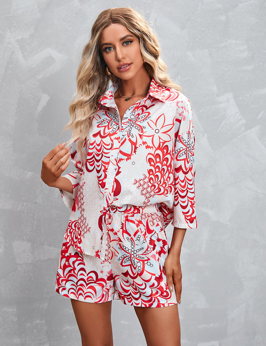 Traje casual con pantalones cortos y mangas 3/4 estampados para mujer