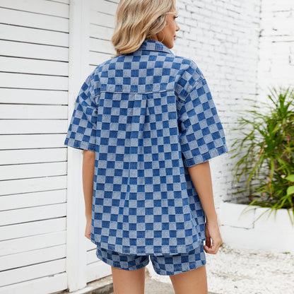 Conjuntos de camisa vaquera holgada informal de manga corta con lavado fino de verano para mujer