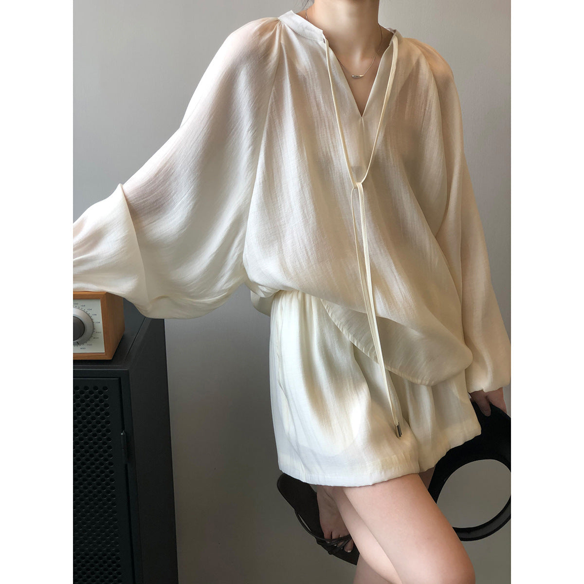 Camisa de manga larga de verano para mujer, pantalones cortos de pierna ancha