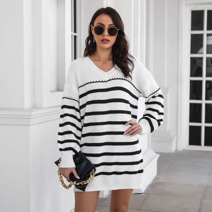 Vestido de punto suelto de lana con cuello en V y hombros caídos de manga larga para mujer, modelo exterior, primavera y otoño