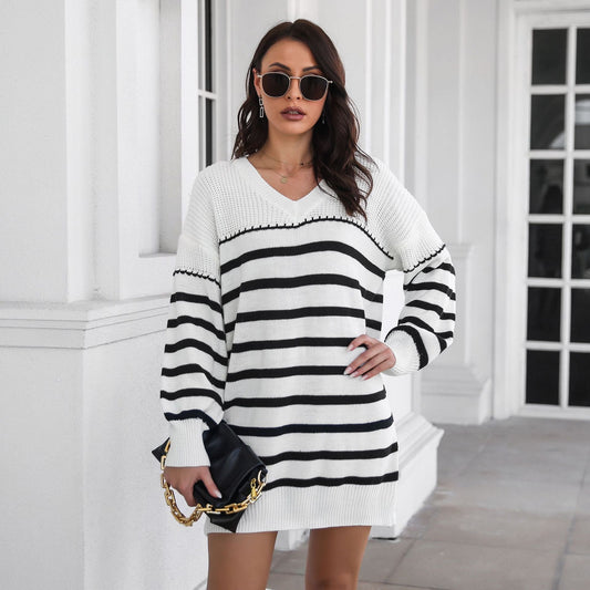 Vestido de punto suelto de lana con cuello en V y hombros caídos de manga larga para mujer, modelo exterior, primavera y otoño