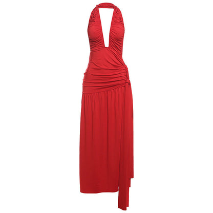 Vestido elegante de otoño e invierno para mujer, con cuello halter, espalda descubierta, escote en V profundo, plisado y abertura alta.