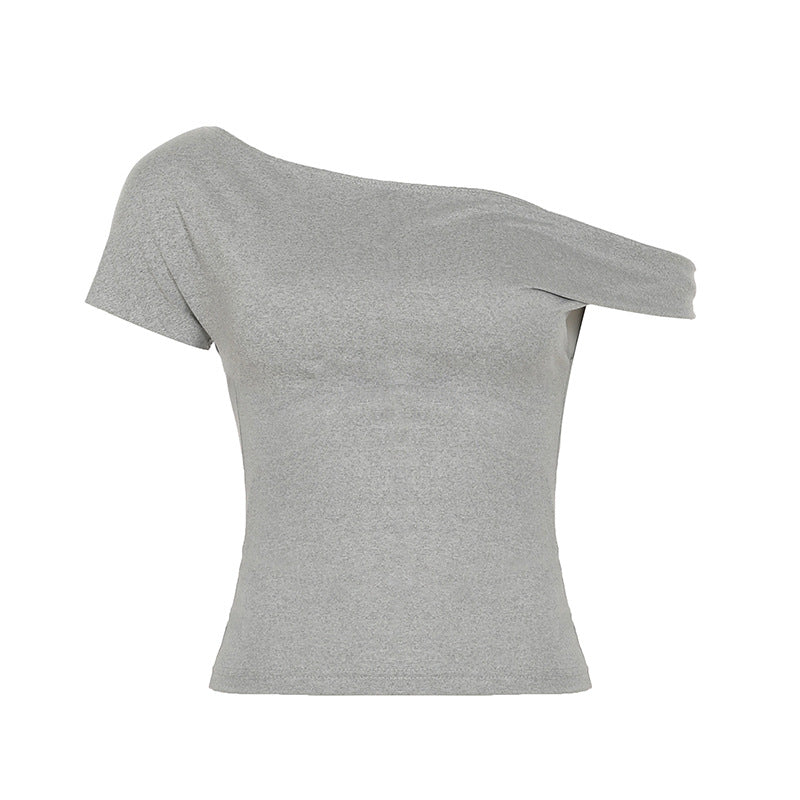 Camiseta informal sencilla asimétrica irregular de manga corta con hombros descubiertos para mujer, color liso, básica, de verano