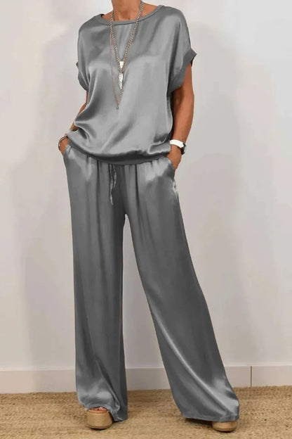 Conjuntos casuales de dos piezas con camisa holgada y pantalones anchos de tendencia primavera-verano