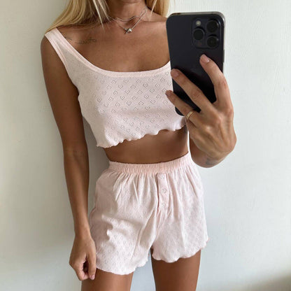 Traje informal de verano para mujer, color sólido, con diseño calado y recortes, pijama con tirantes, ropa para el hogar