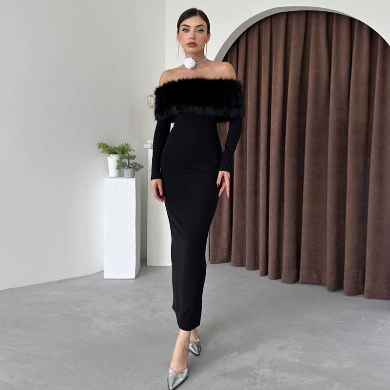 Vestido largo de otoño elegante con hombros descubiertos y cuello de piel ajustado para mujer