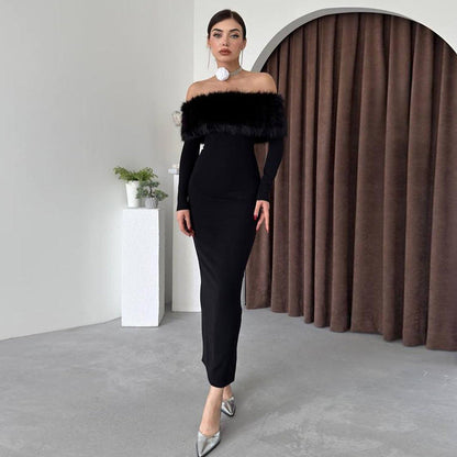 Vestido largo de otoño elegante con hombros descubiertos y cuello de piel ajustado para mujer