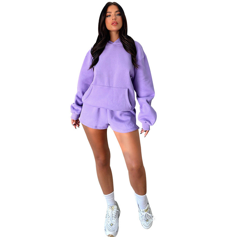Suéteres con capucha de manga larga de color liso para otoño e invierno, ropa para mujer, conjuntos de dos piezas con pantalones cortos casuales