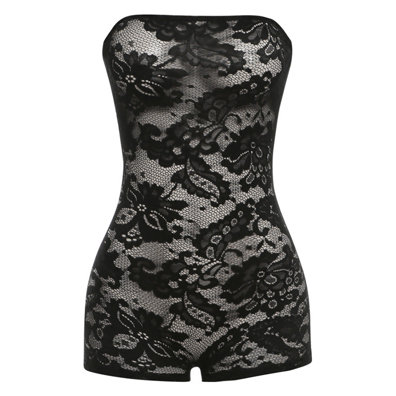 Mono ajustado con top de tubo y encaje jacquard transparente para mujer