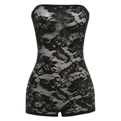 Mono ajustado con top de tubo y encaje jacquard transparente para mujer