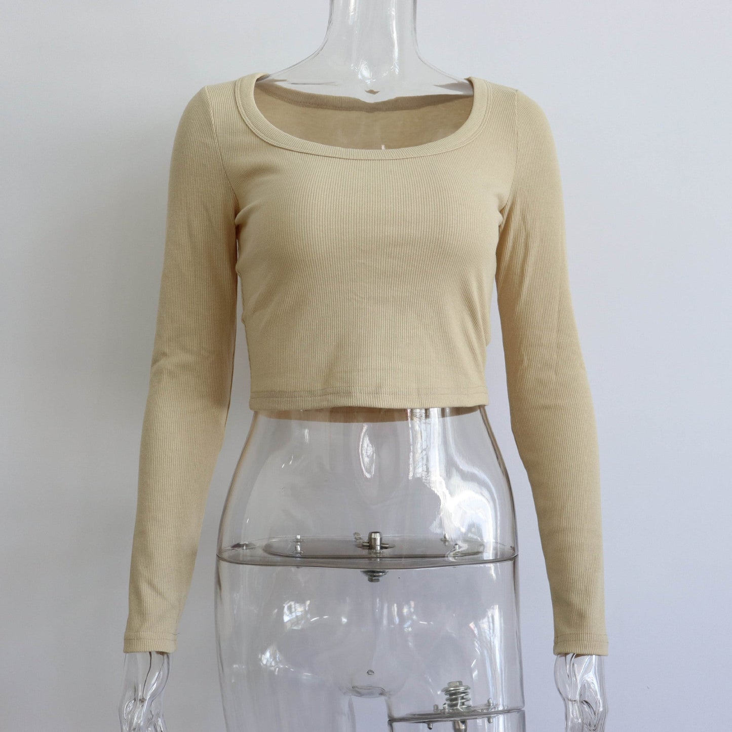 Top corto de canalé de manga larga con cuello redondo grande para mujer, informal, sexy, para otoño e invierno, tejido de punto, top ajustado de calle